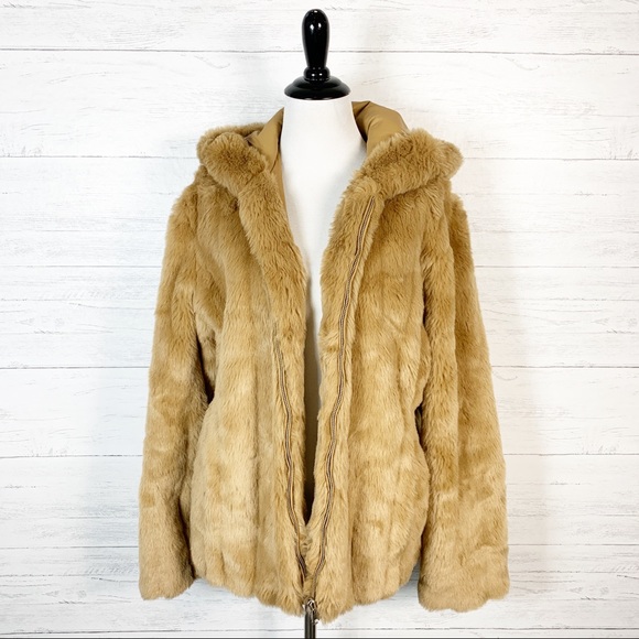 Giacca • Vintage Tan Faux Fur Hooded Coat L - Picture 2 of 8